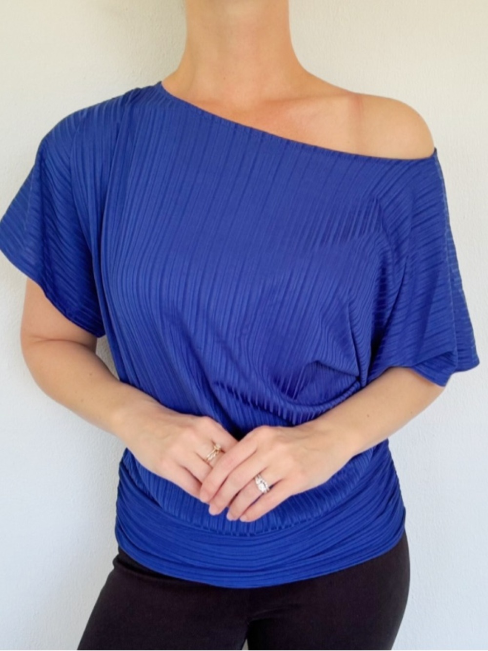 AGB royal blue boat neck cut out back ribbed dolman sleeve blouse size small
